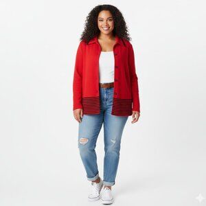 K WOMAN Plus Size 24W Red & Black Striped Button-Down Stretchy Textured Jacket